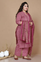 Miravan Women's Plus Size Pink Straight Floral Printed Kurta & Palazzo With Dupatta Set | Grocsy