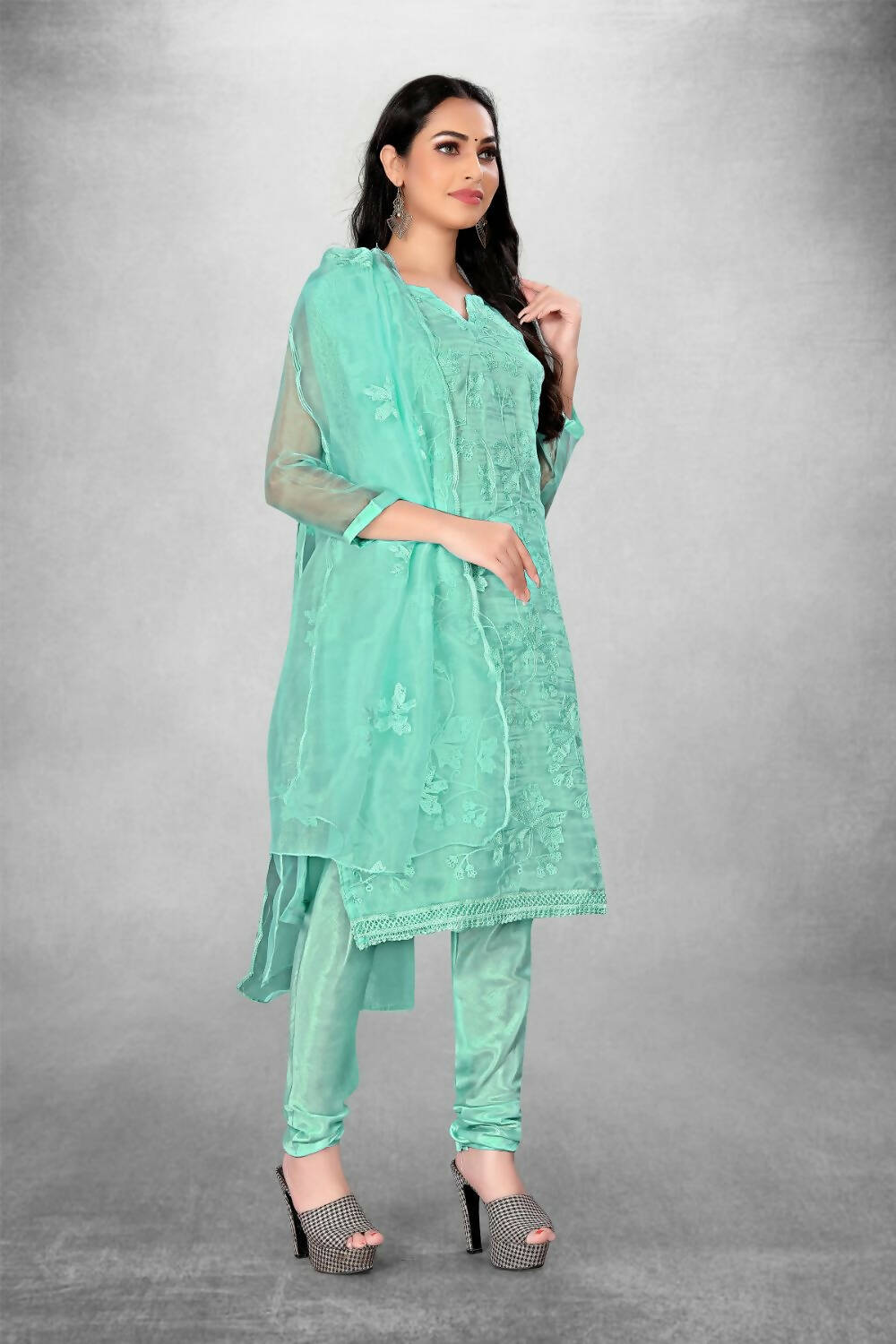 Sky Blue Heavy Organza Silk Embroidered Unstitched Dress Material - Amara | Grocsy