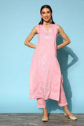 Ahalyaa Women Pink Colour Cotton Silver Foil Printed Kurta Pant Set | Grocsy