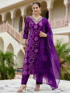 The52 Purple Women's Gorgeous Rayon Embroidered Straight Kurta with Pant And Dupatta Set | Grocsy