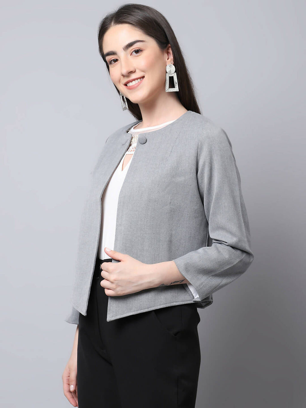 Even Apparels Grey Polywool Open Front Statement Women's Jacket | Grocsy