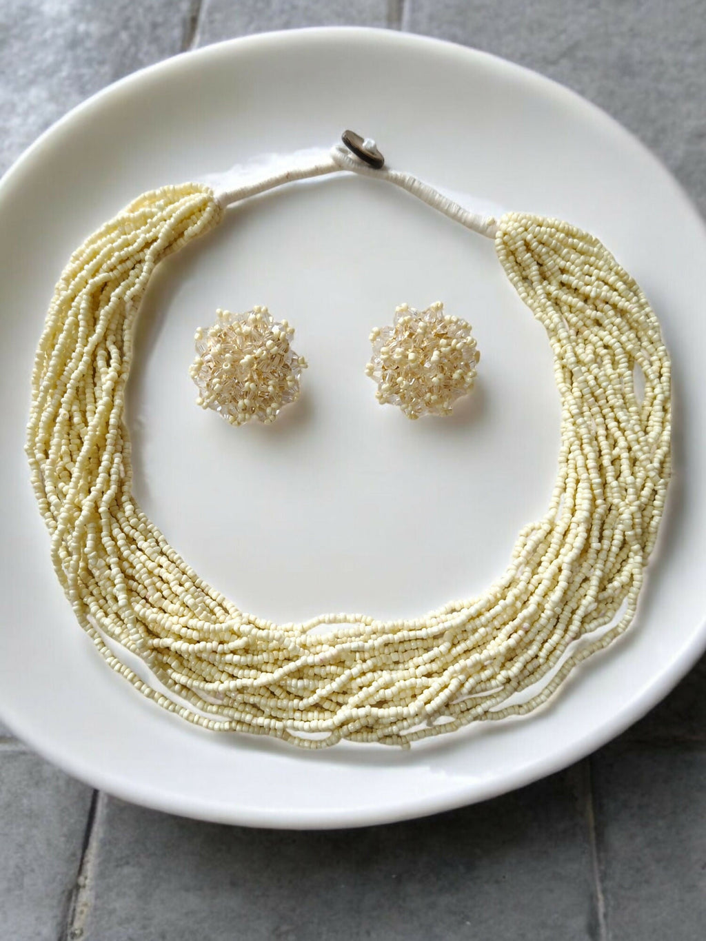 Inhanns Vibrant Handmade 20 Layers Beaded Necklace With Matching Earrings - Cream | Grocsy