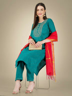 Jyoti Fashion Women's Rama Cotton Magic Slub Embroidery & Sequence work Kurta with Trouser & Dupatta | Grocsy