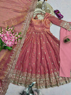 Teeya Creation Peach Fendi Silk Designer Heavy Work Wedding Wear Long Gown | Grocsy