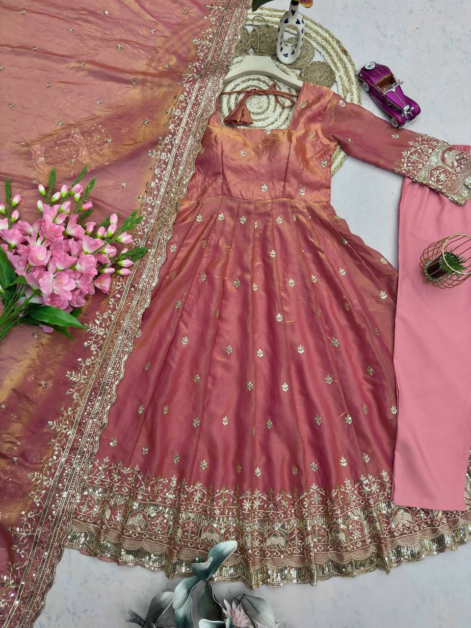 Teeya Creation Peach Fendi Silk Designer Heavy Work Wedding Wear Long Gown | Grocsy