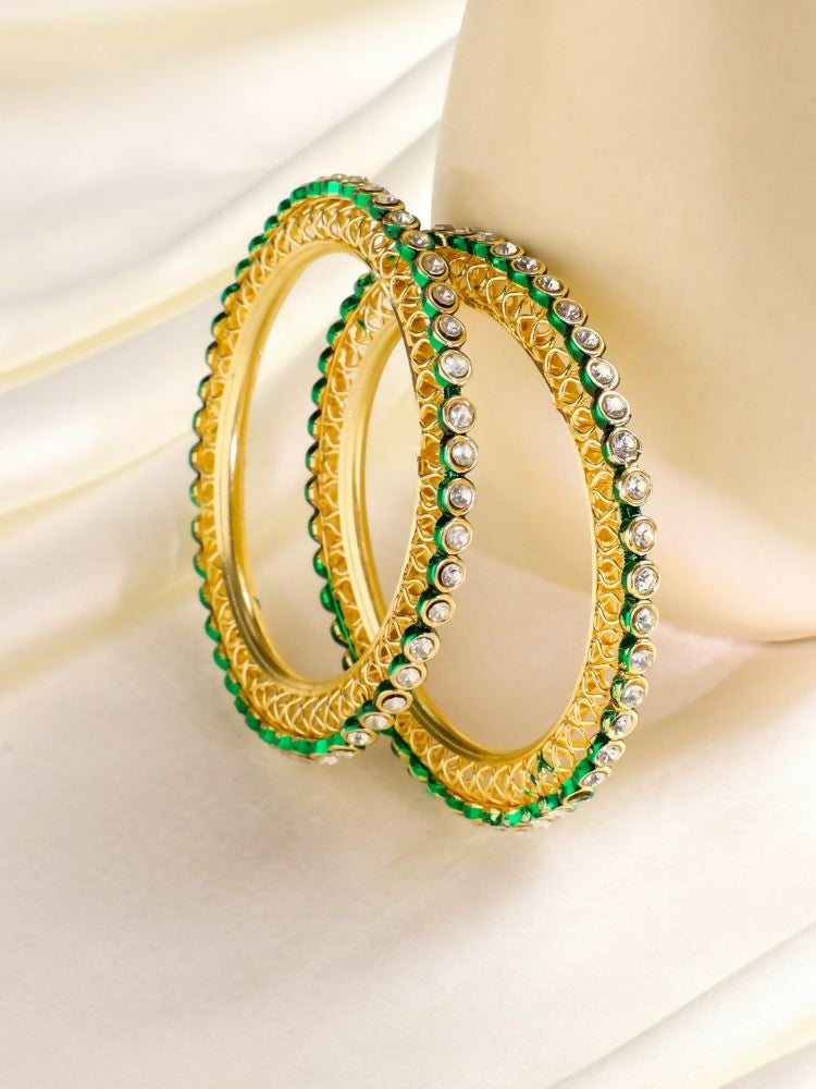 NVR Women Set of 2 Gold-Polished Green Kundan Studded Bangles