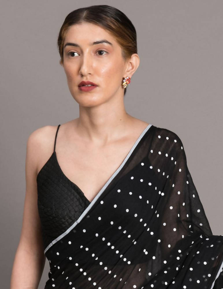 Suta Black White Polka Dots Printed Pure Cotton Saree | Grocsy