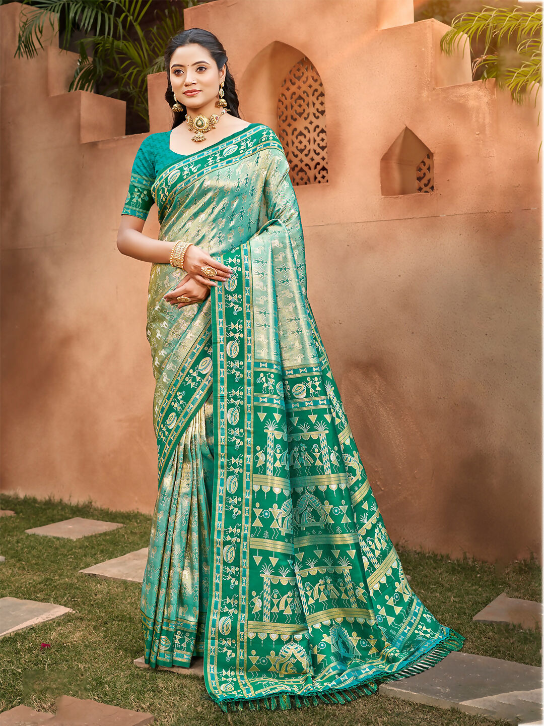 Sangam Prints Sea Green Kanjivaram Silk Woven Work Traditional Saree | Grocsy