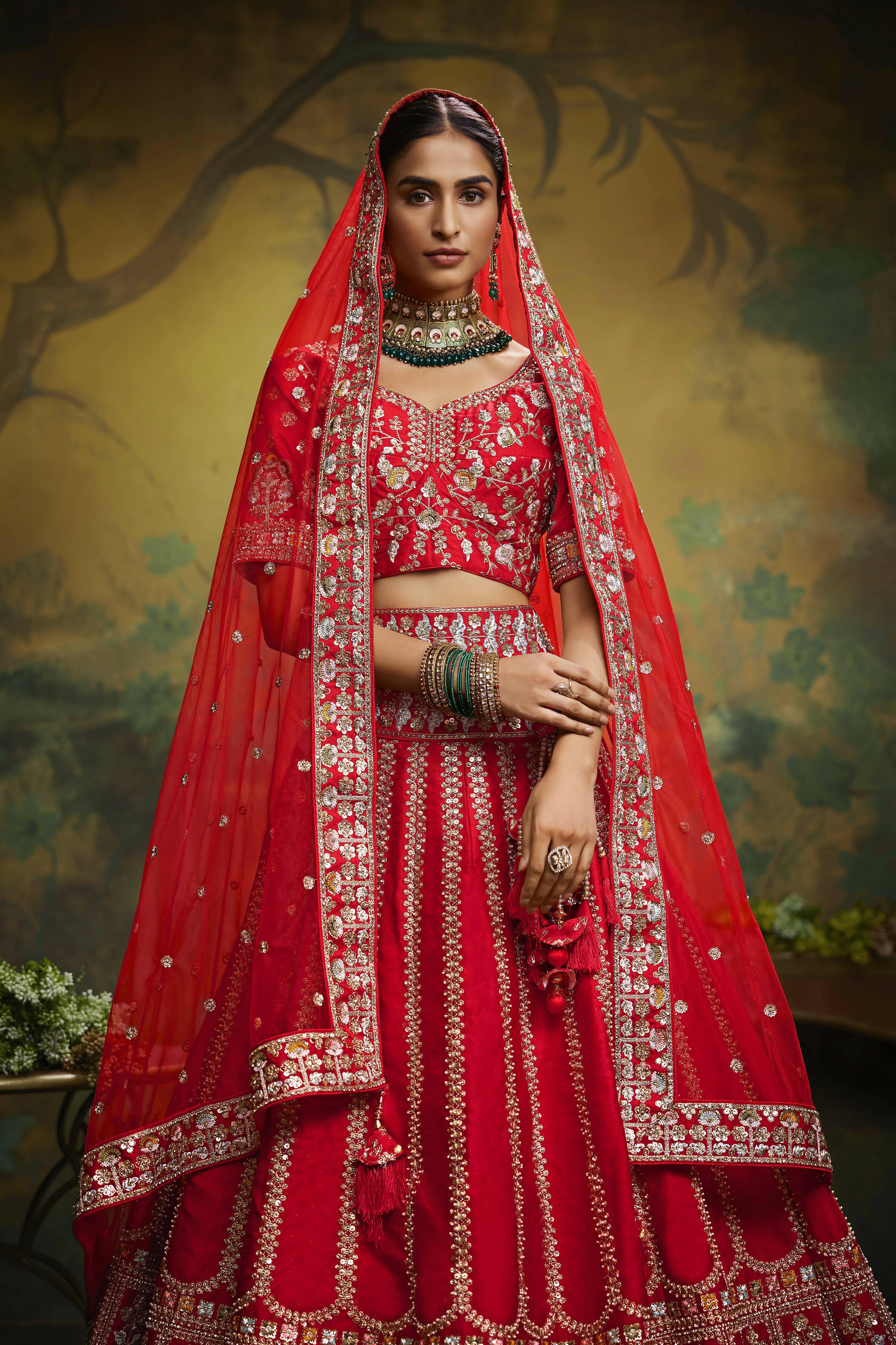 House of Panchhi Red Pure Silk Moti & Zarkan heavy embroidery Lehenga choli & Dupatta | Grocsy