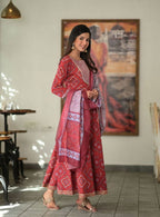 Yufta Women Red Handblock Printed A-Line Kurta & Trouser With Embroidery & Dupatta | Grocsy
