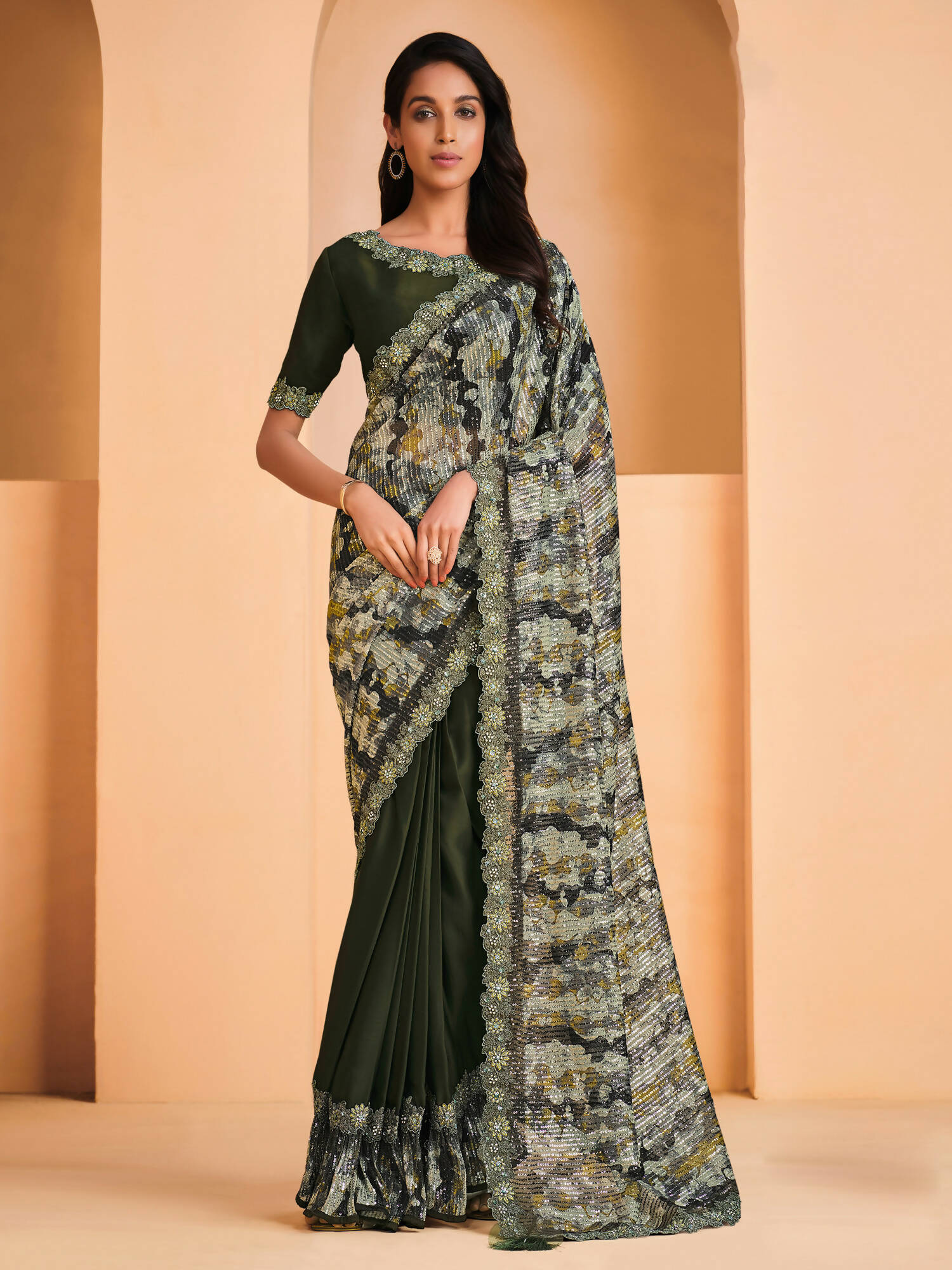 Green Satin Crepe Silk Sequence Embroidered Saree With Unstitched Blouse - Mohmanthan Yavanika | Grocsy