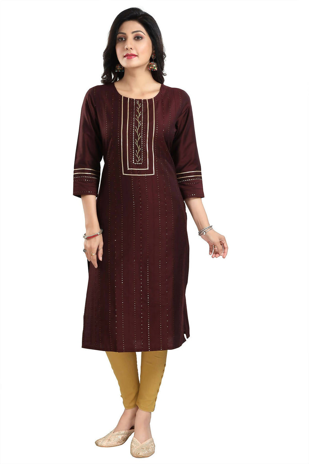 Snehal Creations Beautiful Brown Cotton Silk Designer Long Kurti Tunic With Sequines Embroidery | Grocsy