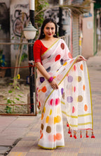 White Pure Linen Ethnic Motifs Saree with Unstitched Blouse - Hiral Fashion | Grocsy