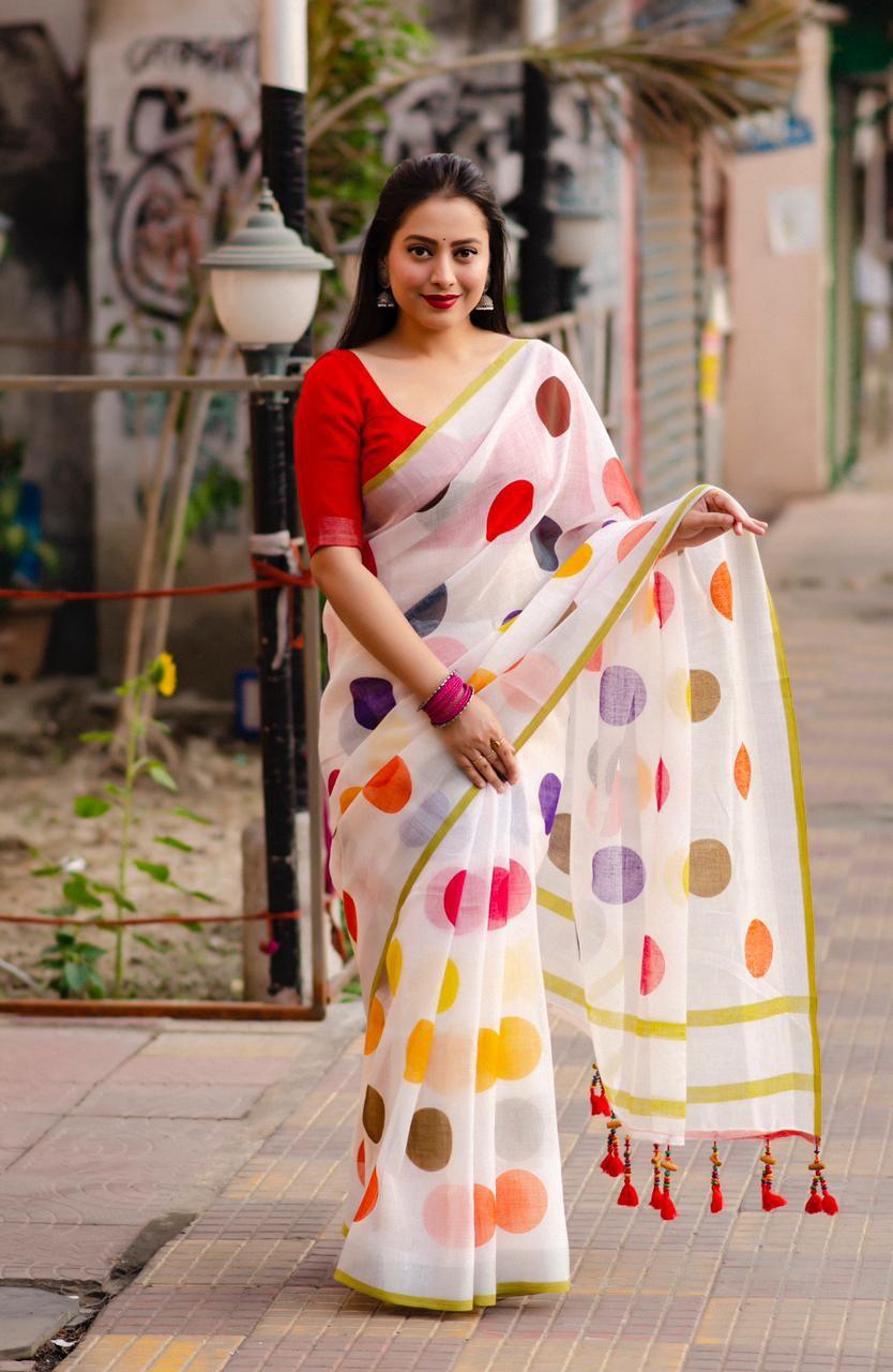 White Pure Linen Ethnic Motifs Saree with Unstitched Blouse - A2M | Grocsy