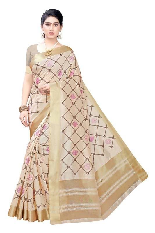 Vamika Weaving Cream Cotton Polyester Silk Saree (KERALA CHECKS) | Grocsy