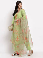Myshka Women's Green Cotton Solid 3/4 Sleeve V Neck Casual Kurta Pant Dupatta Set | Grocsy