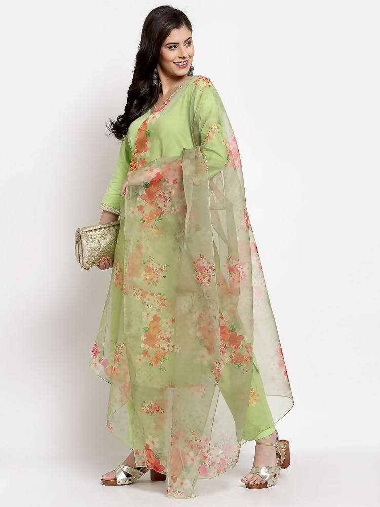 Myshka Women's Green Cotton Solid 3/4 Sleeve V Neck Casual Kurta Pant Dupatta Set | Grocsy