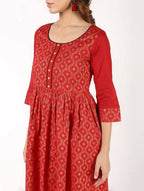 Aniyah Cotton Block Print Flared Kurta In Red (AN-151K) | Grocsy