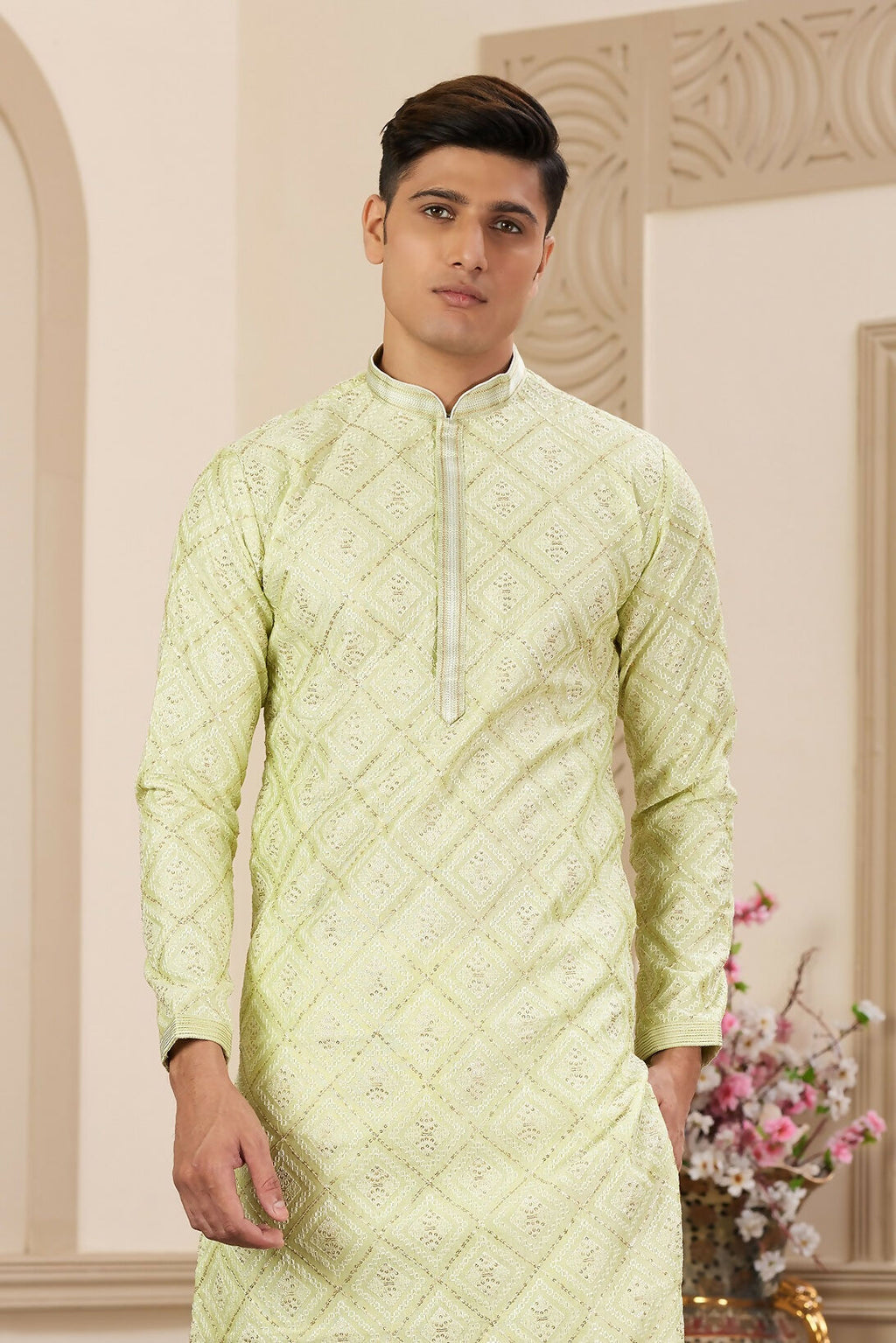Raivat Ethnic Men's Art Silk Thread Work Kurta Pyjama In Green Colour | Grocsy