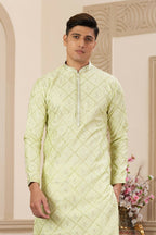 Raivat Ethnic Men's Art Silk Thread Work Kurta Pyjama In Green Colour | Grocsy