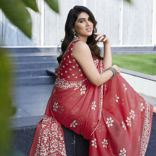 Women's Partywear Designer Peach Chinon Shiffon Fancy Saree - Dyuti | Grocsy