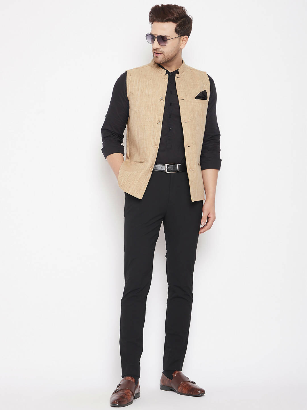Even Apparels Beige Linen Men Woven Nehru Jacket LN719 | Grocsy