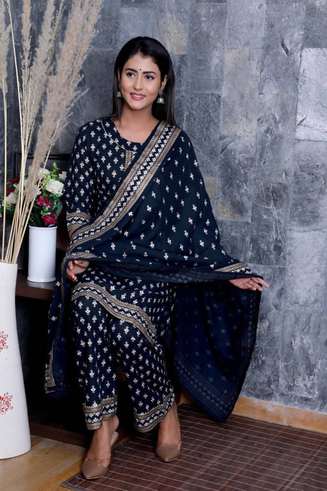 Vamika Navy Blue Gota Patti Work Rayon Party And Casual Wear Kurta Set | Grocsy