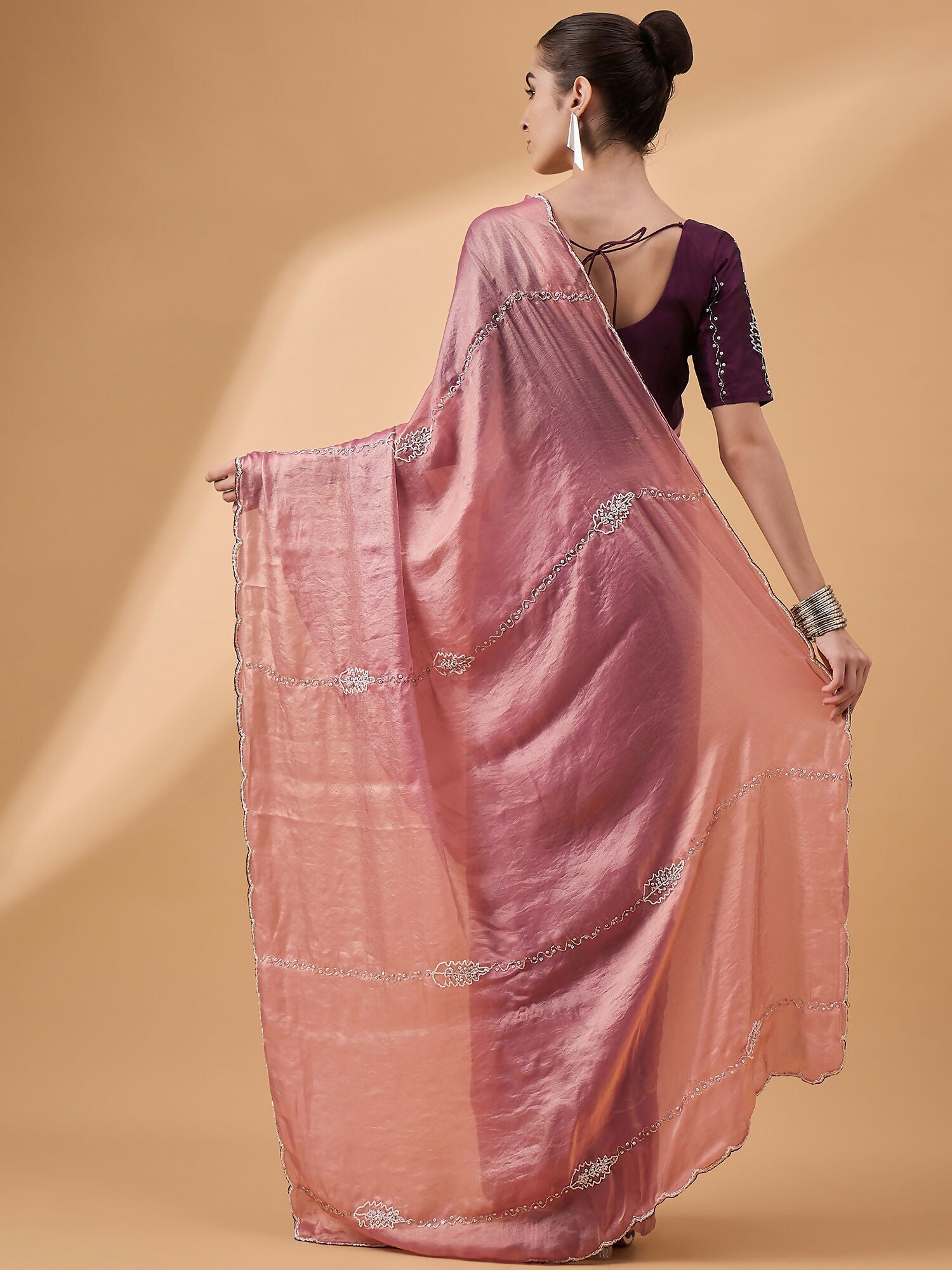 Pink Muslin Embroidered Saree with Unstitched Blouse Piece - Satya | Grocsy