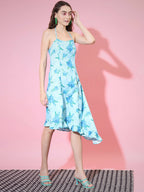 Myshka Women's Blue Floral Printed Fit and Flare Dress | Grocsy