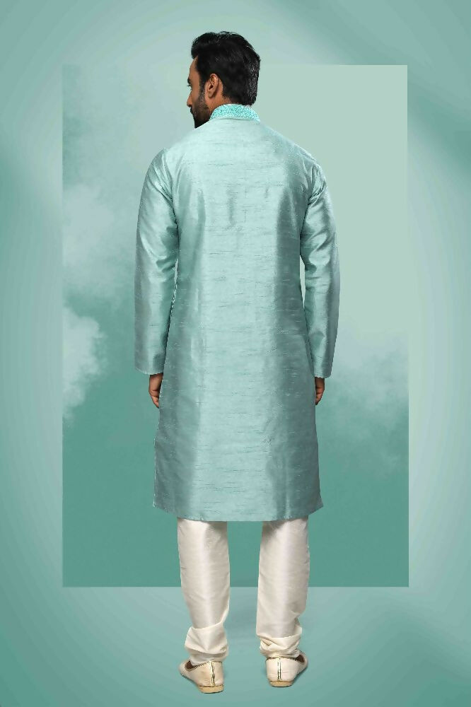 Raivat Ethnic Art Silk Mirror Embroidery Work Kurta Pajama In Sea Green Colour | Grocsy