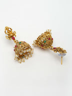 NVR Women's Set of 2 Gold-Polished Green & Pink Stone Studded Peacock & Lakshmi Design Temple Jewellery Set | Grocsy