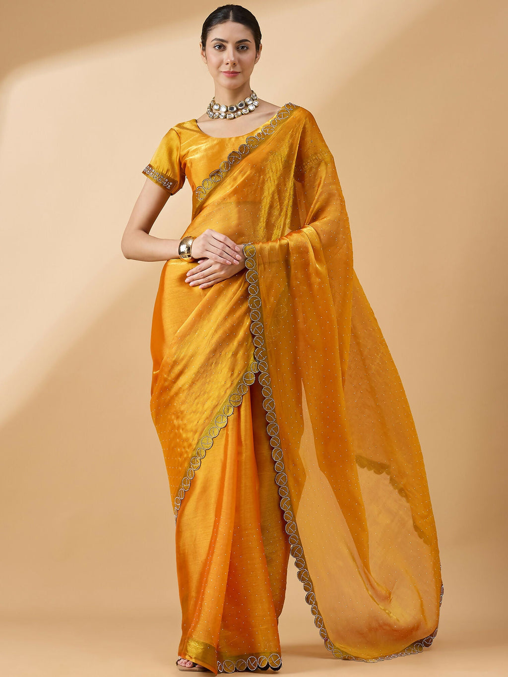 Mustard Organza Swaroski Diamond Work Saree with Unstitched Blouse - Radha | Grocsy