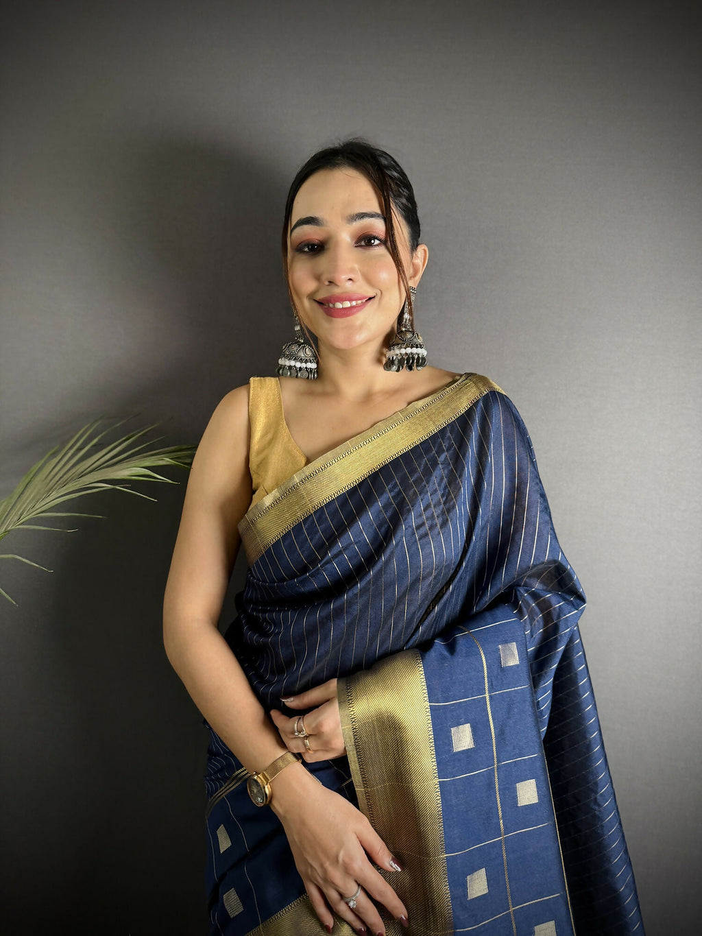 Joban Fashion Navy Blue Bhagalpuri Cotton Silk Stripes/Box Saree | Grocsy