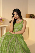 Kesar Fab Green Jimmy Choo Hand_Woven Lehenga | Grocsy