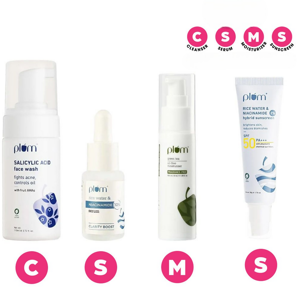 Plum Bright & Clear Skin Routine CSMS (Cleanser, Serum, Moisturizer, Sunscreen) Combo | Grocsy
