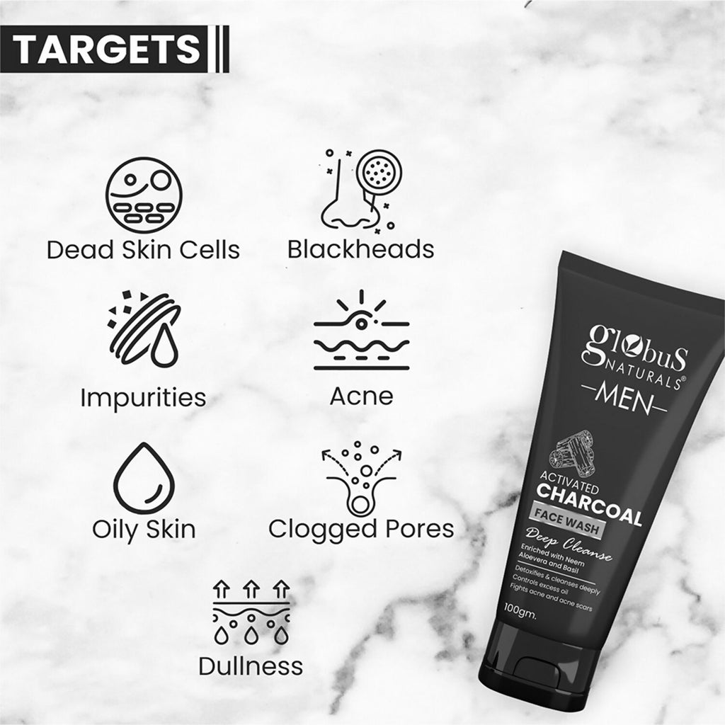 Globus Naturals Anti Pollution & Anti Acne Charcoal Face Wash For Men | Grocsy