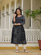 Juniper Women's Black Abstract Printed Kurta With Sequins | Grocsy