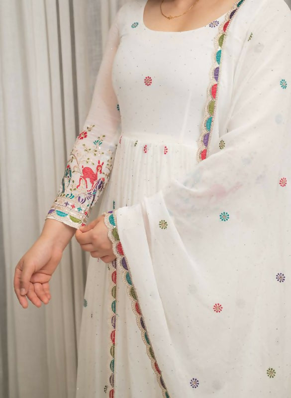 Joban Fashion White Georgette Sequence Embroidery Work Readymade Kurta Set | Grocsy