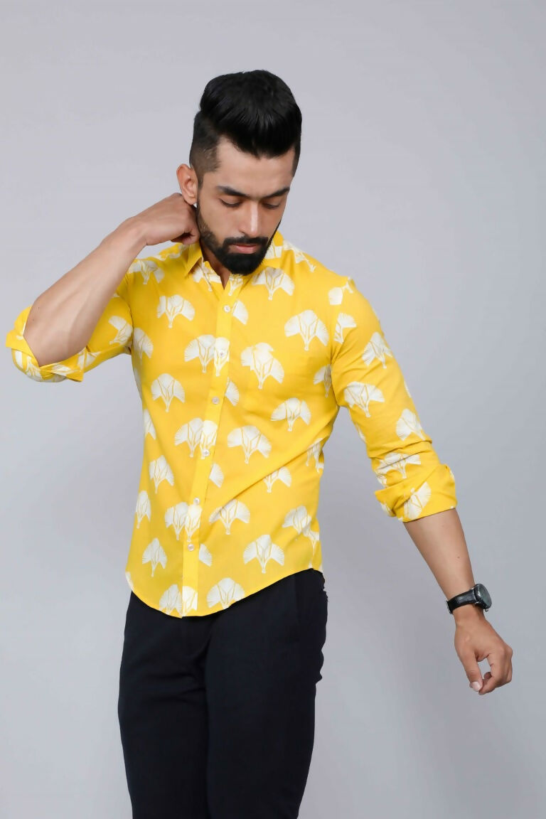 Miravan Men's Yellow and White Floral Printed Full Sleeves Cotton Casual Shirt | Grocsy