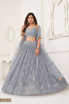 Eilara Glamorous Light Grey Net With Sequins And Thread Embroidery Real Mirror Work Lehenga Choli For Wedding | Grocsy