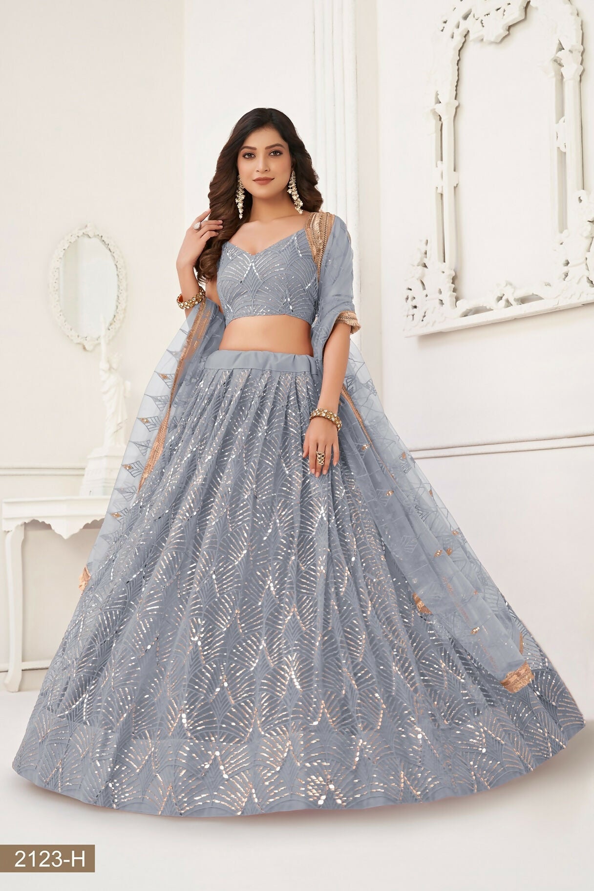 Eilara Glamorous Light Grey Net With Sequins And Thread Embroidery Real Mirror Work Lehenga Choli For Wedding | Grocsy