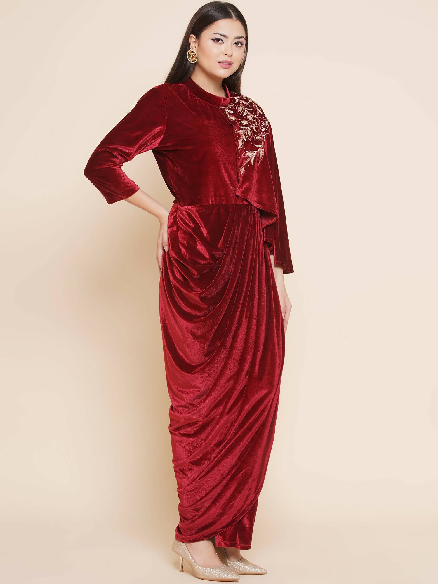 Women Republic Maroon Velvet Drape Styel Gown | Grocsy