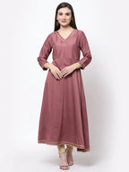Myshka Women's Dark Pink Cotton Solid 3/4 Sleeve V Neck Casual Anarkali Kurta Dupatta Set | Grocsy
