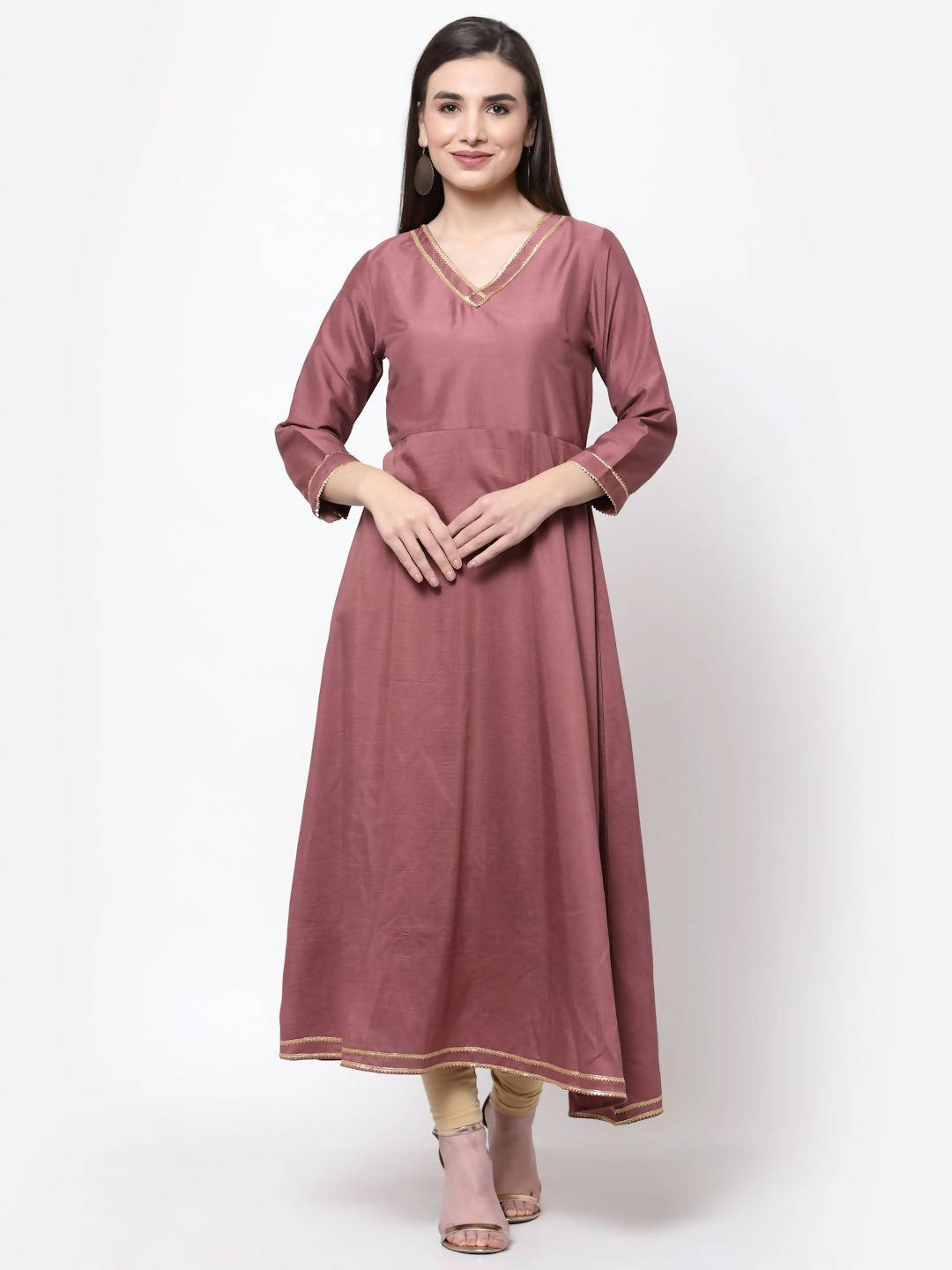 Myshka Women's Dark Pink Cotton Solid 3/4 Sleeve V Neck Casual Anarkali Kurta Dupatta Set | Grocsy