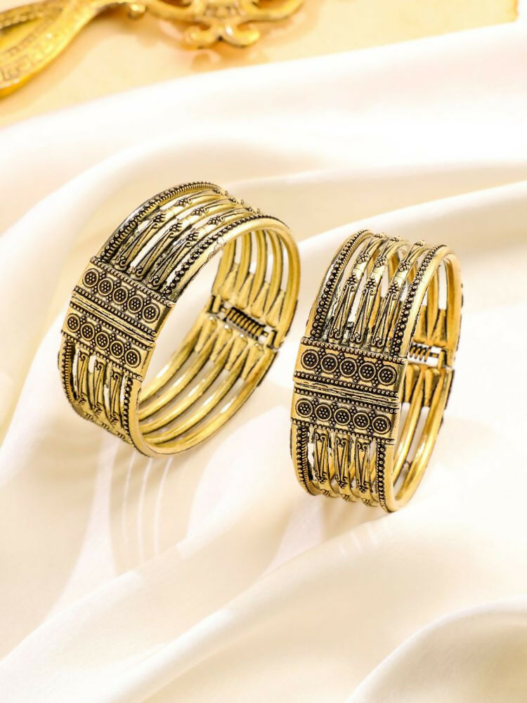 NVR Women Set of 2 Gold-Polished Oxidised Bangles | Grocsy
