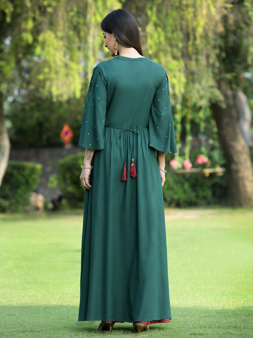 Juniper Jade Green Ethnic Motif Printed Rayon High-Slit Kurta & Palazzo Set With Thread Work Embroidery | Grocsy
