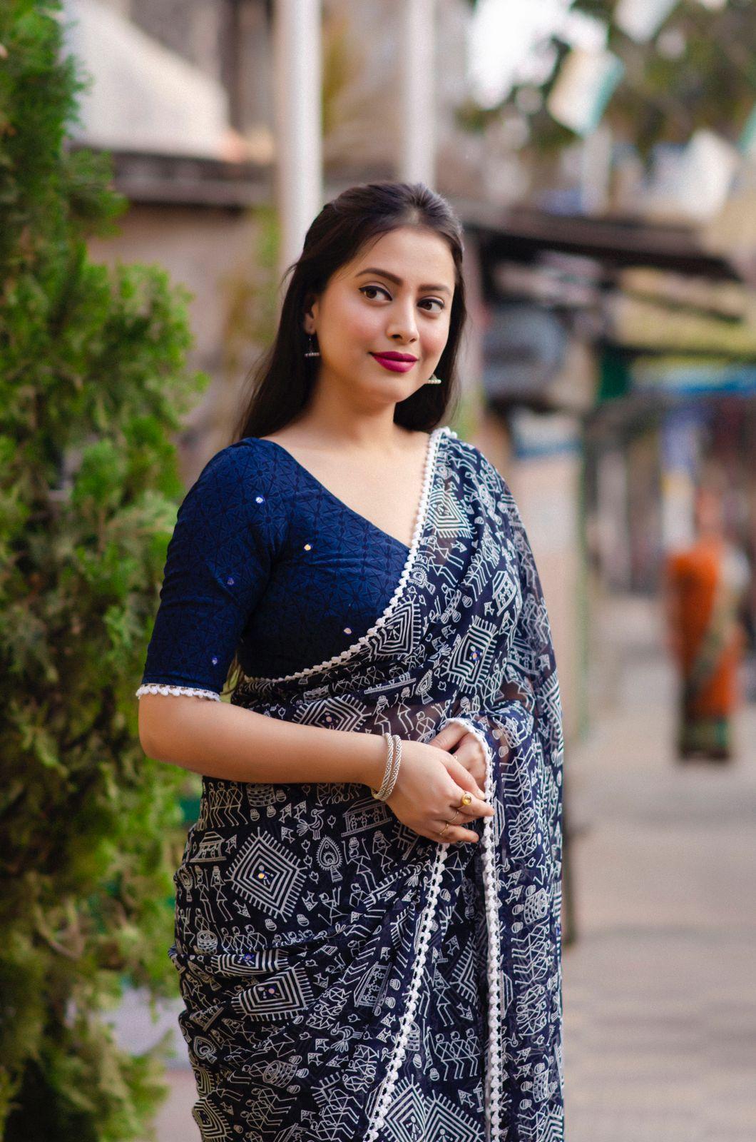 Blue Poly Georgette Ethnic Motifs Saree with Unstitched Blouse - Hiral Fashion | Grocsy