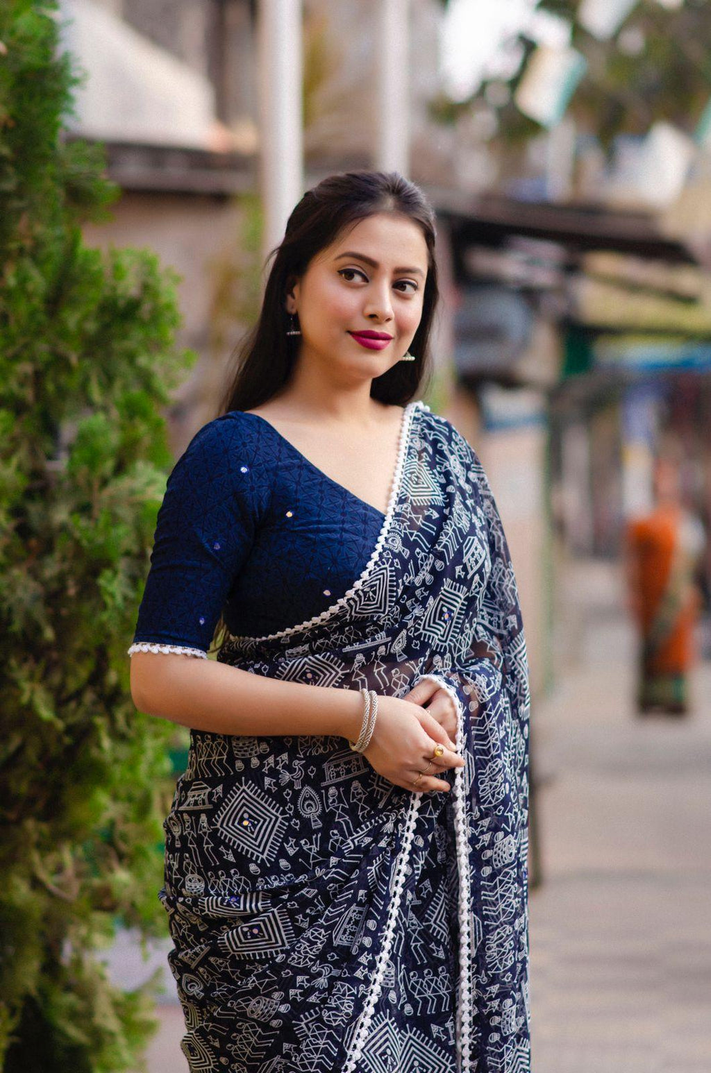 Blue Poly Georgette Ethnic Motifs Saree with Unstitched Blouse - A2M | Grocsy