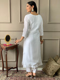 Teeya Creation White Colour Viscose Chanderi Silk Embroidery Work Fully Stitched Kurti Set | Grocsy