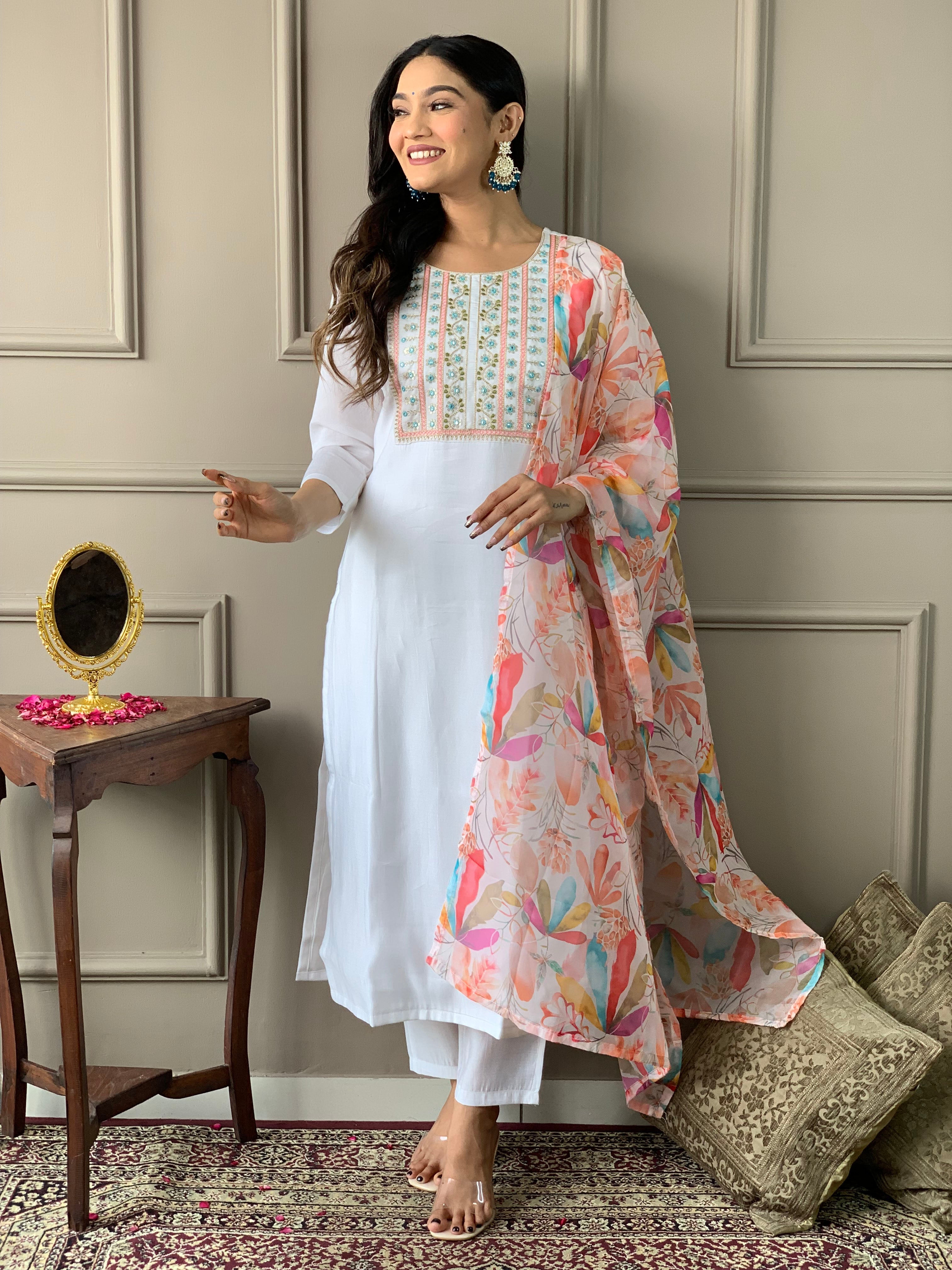 Teeya Creation White Colour Viscose Chanderi Silk Embroidery Work Fully Stitched Kurti Set | Grocsy